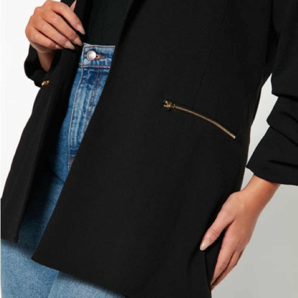 ~Black Tailored Open-Front Blazer w/Gold Zipper Detailing~ - Picture 7 of 14